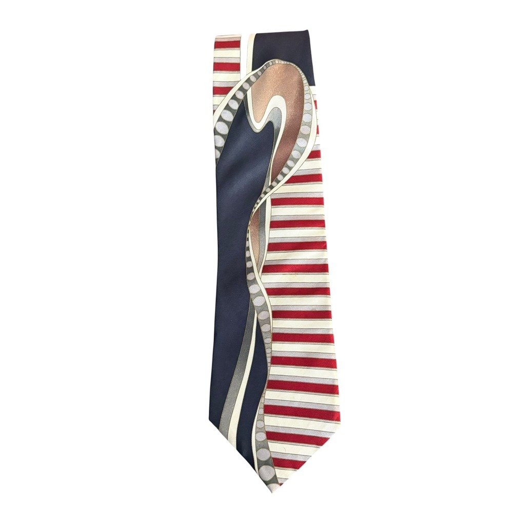Warren Scott Men's‎ Tie 100% Silk Made in USA Red Navy Stripe Geometric 58x3.75